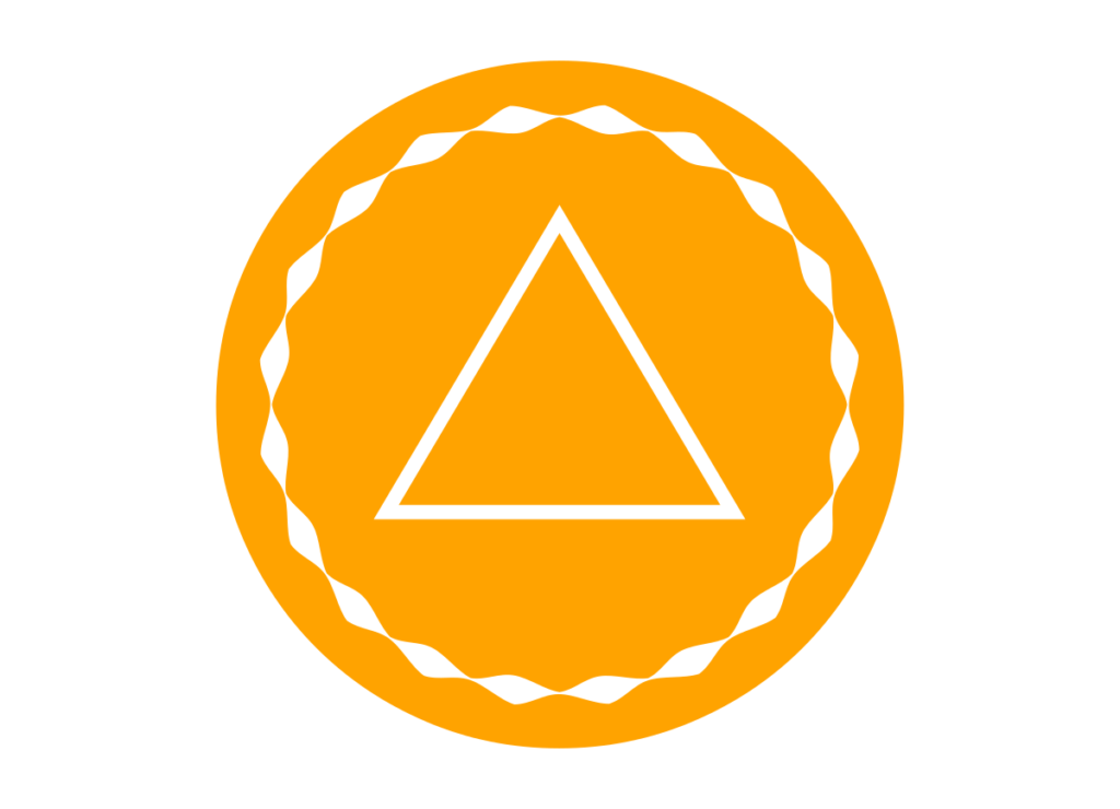 Le symbole visible dans l'image est un cercle orange contenant un triangle bleu au centre. Le périmètre du cercle est entouré par un motif circulaire ondulé bleu, formant une bordure décorative.